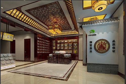 镜湖古朴典雅的中式茶叶店大堂设计效果图