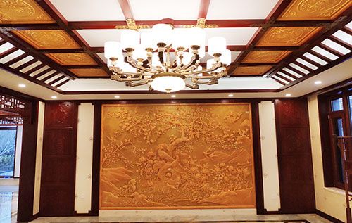 镜湖中式别墅客厅中式木作横梁吊顶装饰展示